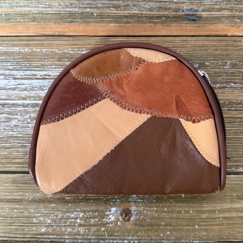 Vintage Patchwork Leather Coin Purse Brown Tan Zigzag Boho Retro Y2K Festival